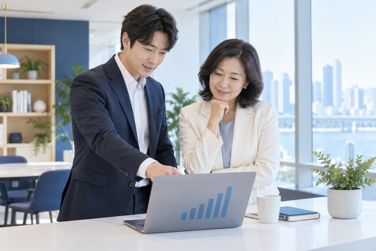 노트북 화면을 가리키며 계약을 설명하는 두 사람 — 신용불량자 PG사 업종 거절업종 거절, 이력이 있어도 다시 열 수 있어요. 연락 주시면 막힌 자리부터 같이 봅니다.