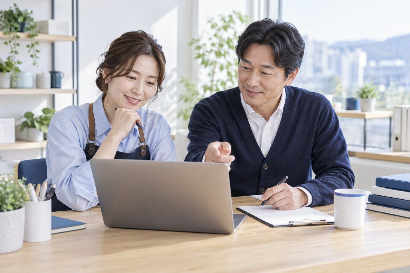 서류를 펼치고 조건을 함께 확인하는 두 사람 — 신용불량자 PG사 매장 업종매장 업종, 계산대도 다시 열 수 있어요. 연락 주시면 가게에 맞는 기기를 골라 드립니다.