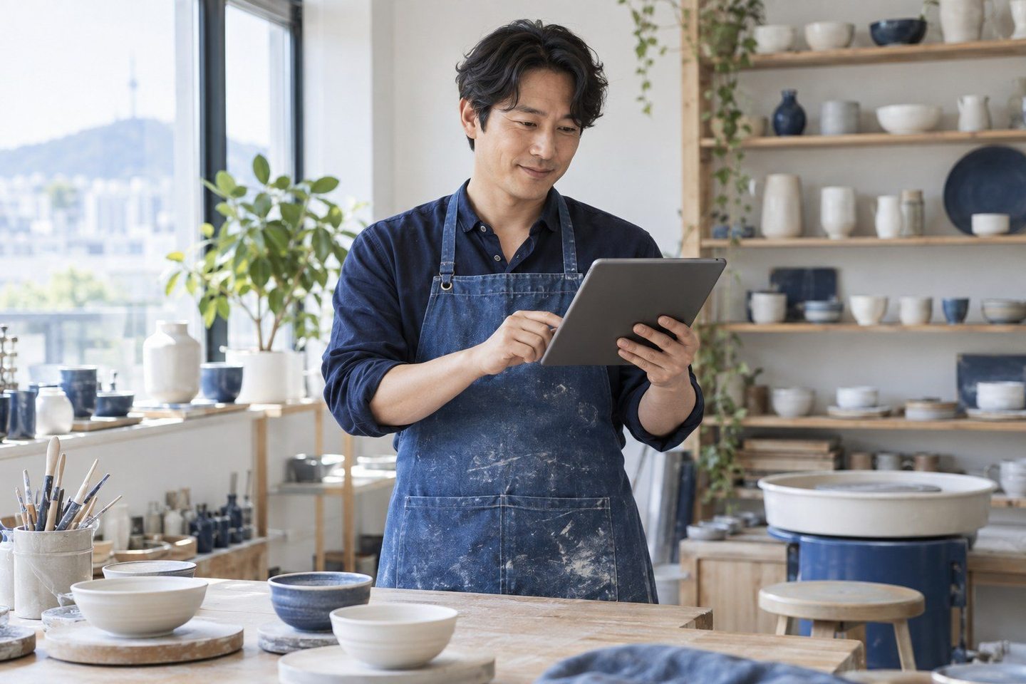 매장 업무 중 휴대용 기기를 확인하는 남성 — 신용불량자 PG사 출장 업종출장 업종, 현장에서도 카드를 받을 수 있어요. 연락 주시면 일하는 방식에 맞춰 열어 드립니다.