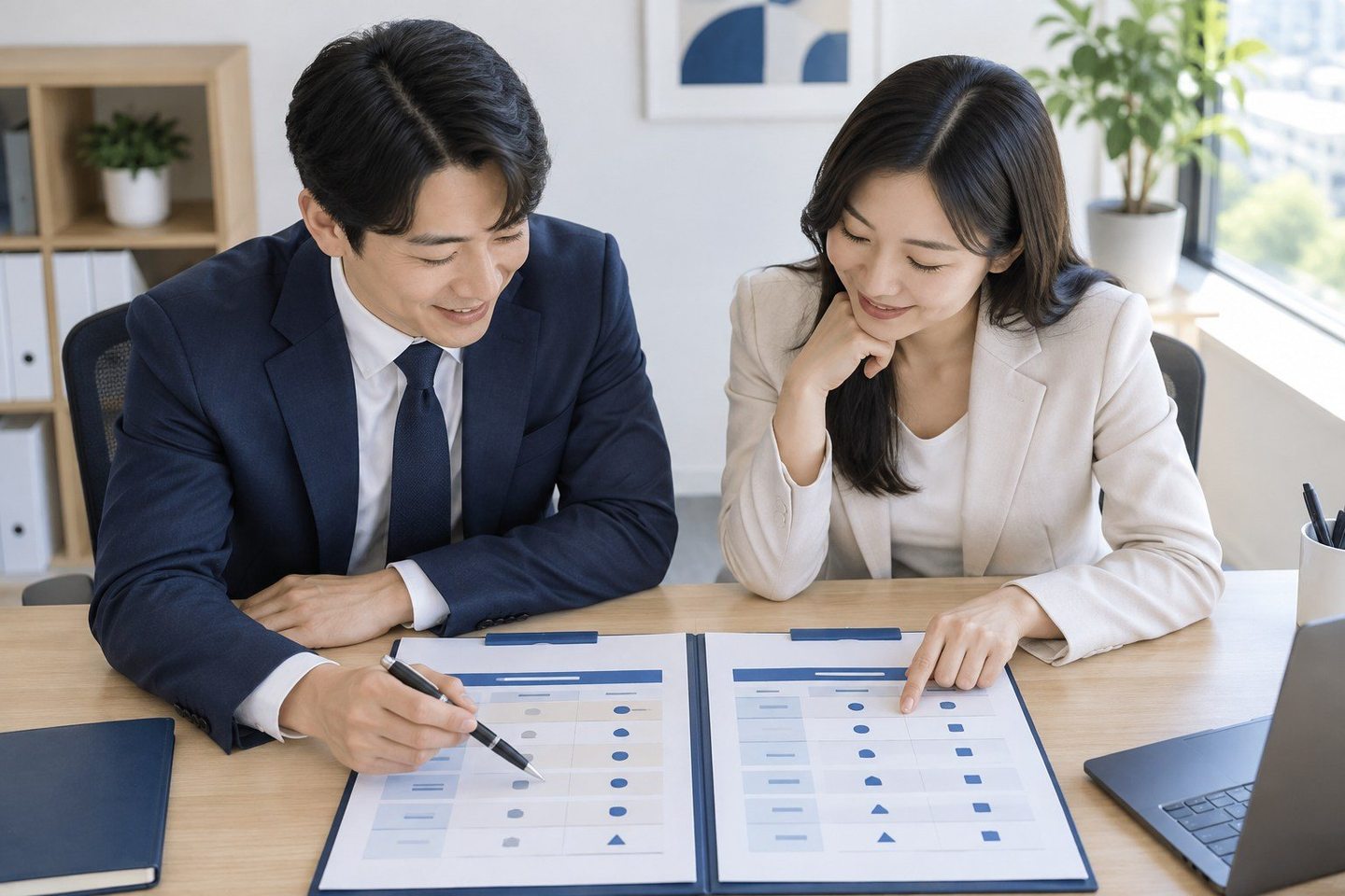 테이블 위의 서류를 함께 검토하는 두 사람 — 신용불량자 PG사 개통비개통비, 가입비까지 0원으로 열 수 있어요. 연락 주시면 정산일부터 같이 고릅니다.